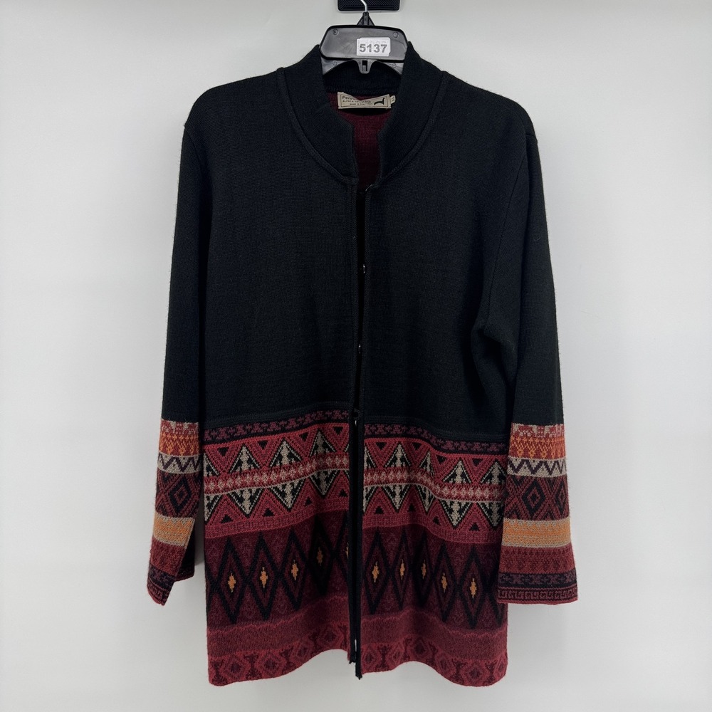 Peruvian Link Cardigan Womens XL Black and Burgundy Zip Up Aztec/Geometric